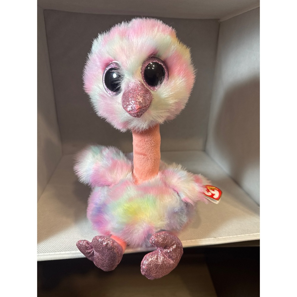 Ty Beanie Boos Avery Ostrich Pastel Rainbow Pink Glitter Plush 10 inch 36314